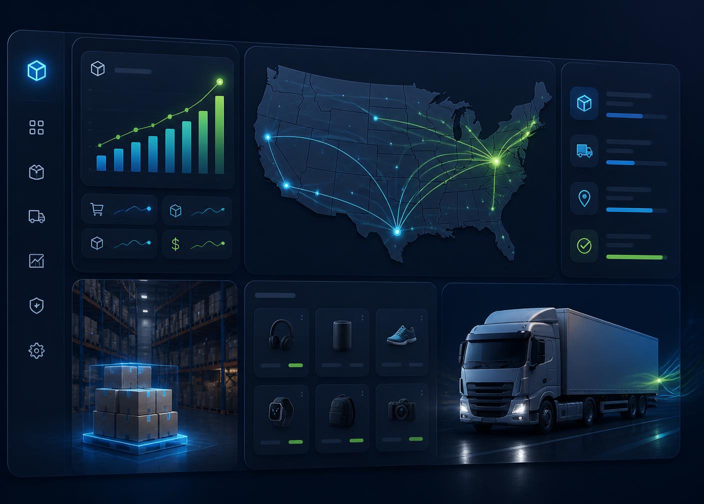 Shoper Haat BD warehouse dashboard showing US shipping routes, live order analytics, and same-day fulfillment